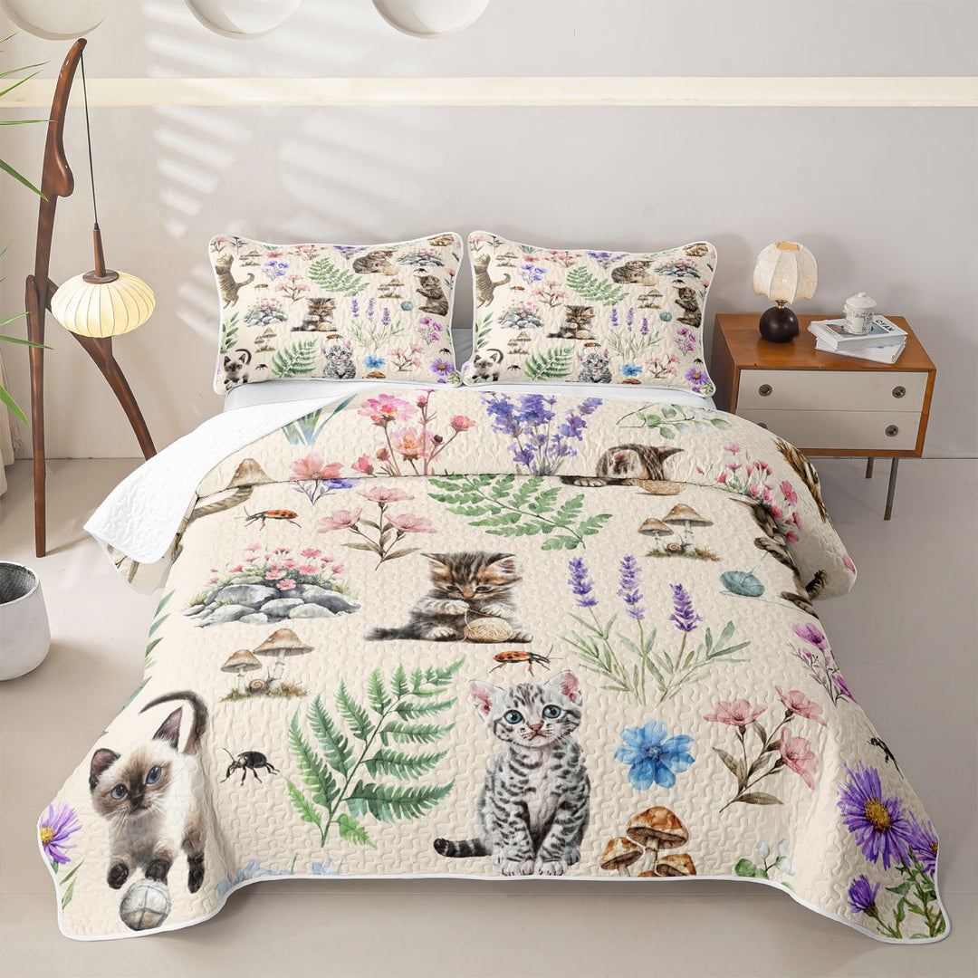 meiyoeat Kawaii Kitten Quilt Full,Watercolor Floral Rustic Mushroom Full Bedspread Sets For Girl,3pcs