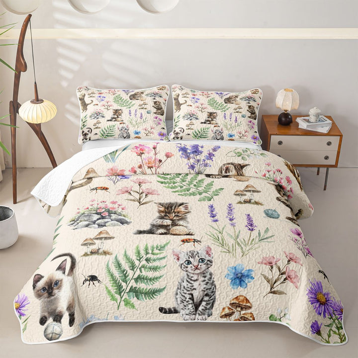 meiyoeat Kawaii Kitten Quilt Full,Watercolor Floral Rustic Mushroom Full Bedspread Sets For Girl,3pcs