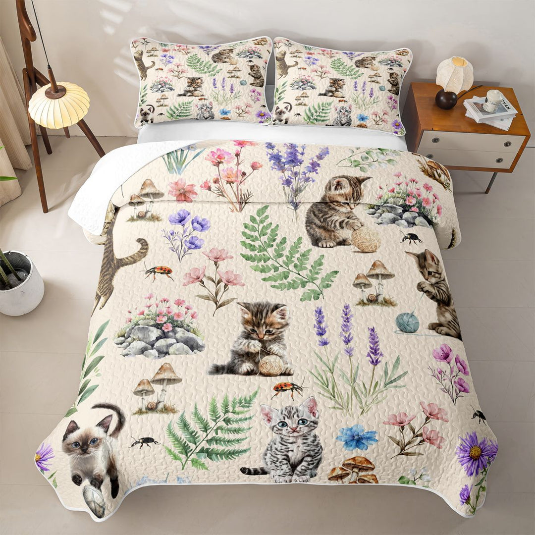 meiyoeat Kawaii Kitten Quilt Full,Watercolor Floral Rustic Mushroom Full Bedspread Sets For Girl,3pcs