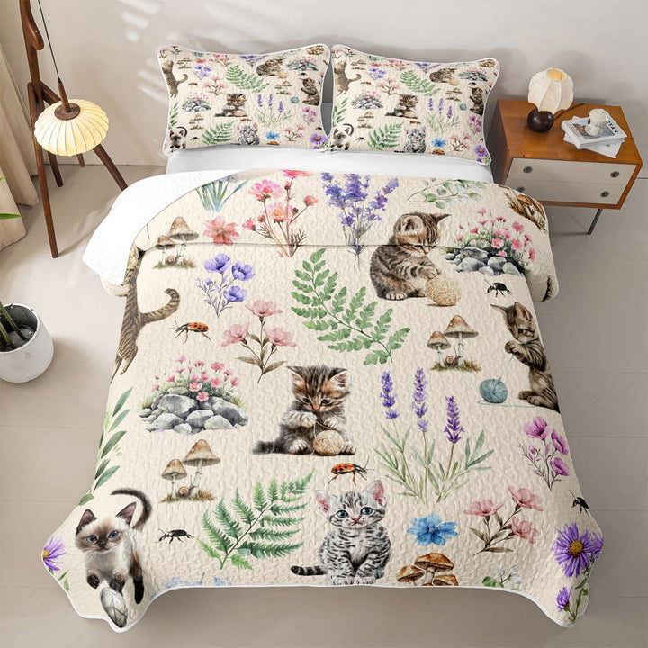 meiyoeat Kawaii Kitten Quilt Full,Watercolor Floral Rustic Mushroom Full Bedspread Sets For Girl,3pcs