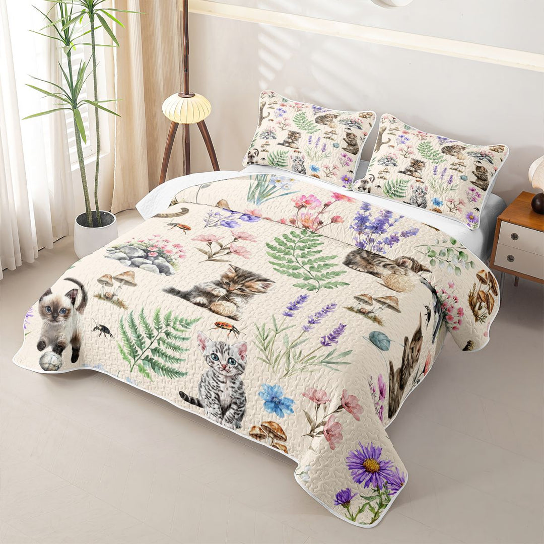 meiyoeat Kawaii Kitten Quilt Full,Watercolor Floral Rustic Mushroom Full Bedspread Sets For Girl,3pcs