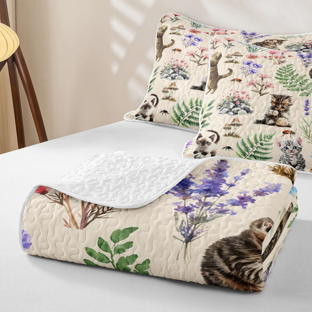meiyoeat Kawaii Kitten Quilt Full,Watercolor Floral Rustic Mushroom Full Bedspread Sets For Girl,3pcs