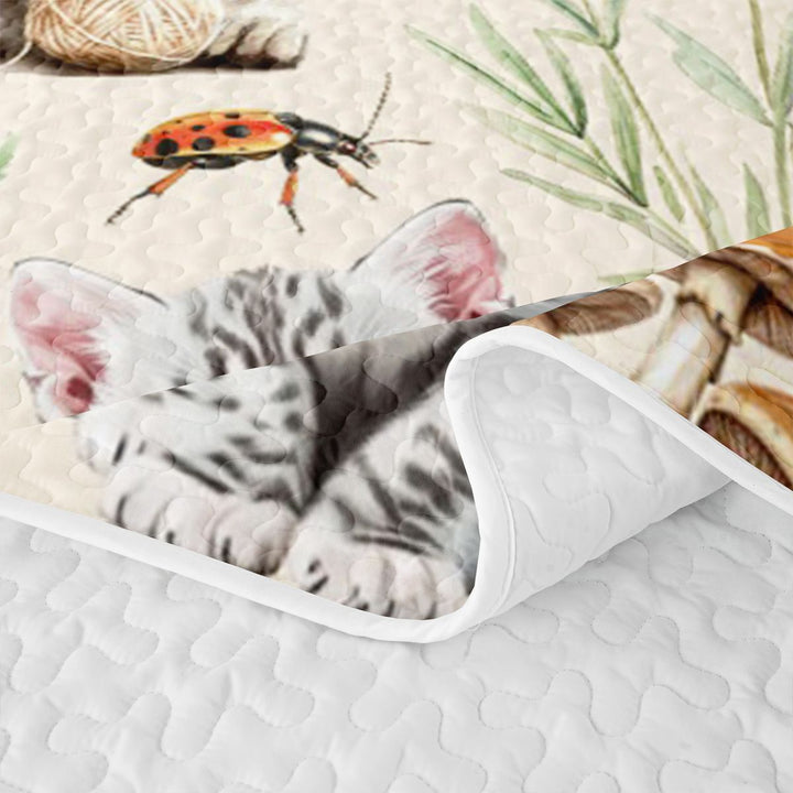 meiyoeat Kawaii Kitten Quilt Full,Watercolor Floral Rustic Mushroom Full Bedspread Sets For Girl,3pcs
