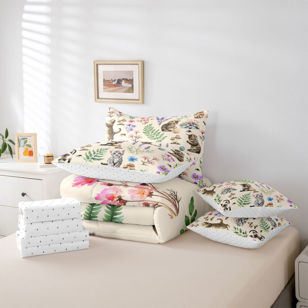 meiyoeat Kawaii Kitten 7 Pieces Full Size Bedding Sets,Watercolor Floral Rustic Mushroom Full Size Bed in a Bag For Girl,Reversible