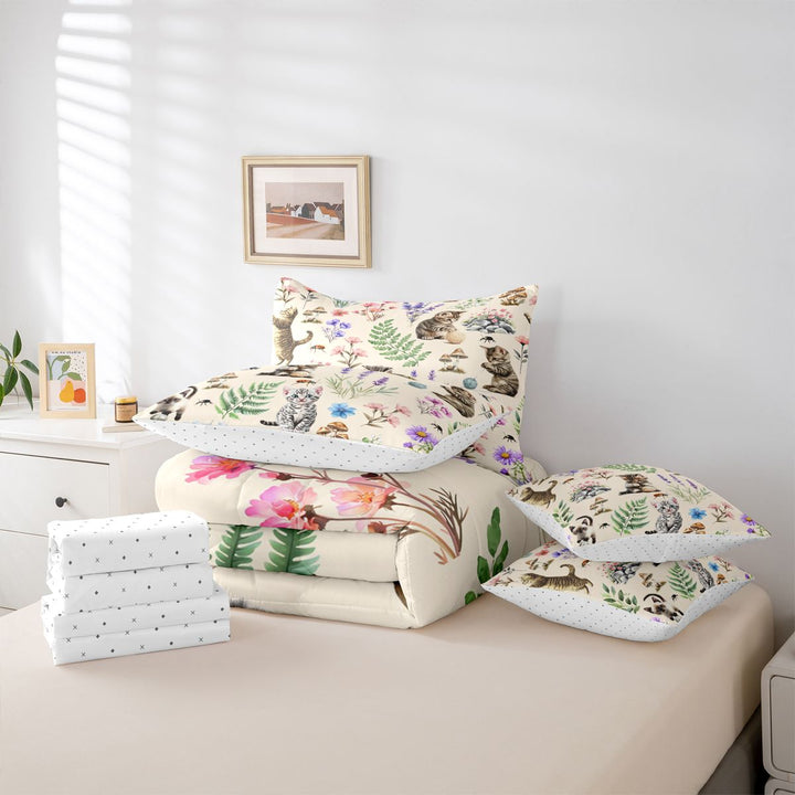 meiyoeat Kawaii Kitten 7 Pieces Full Size Bedding Sets,Watercolor Floral Rustic Mushroom Full Size Bed in a Bag For Girl,Reversible