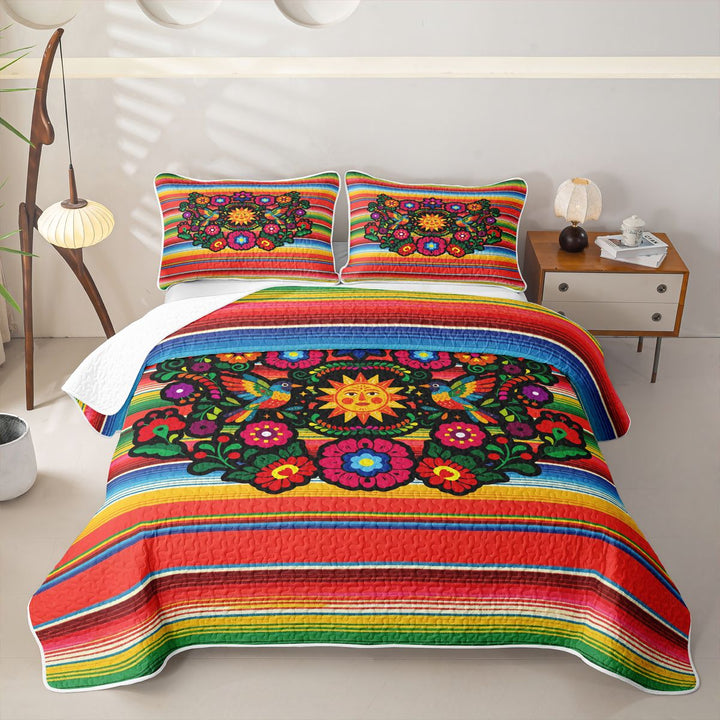 meiyoeat Colorful Fiesta Quilt King,Men Women,Folk Print King Coverlet Set For Men Women,3pcs