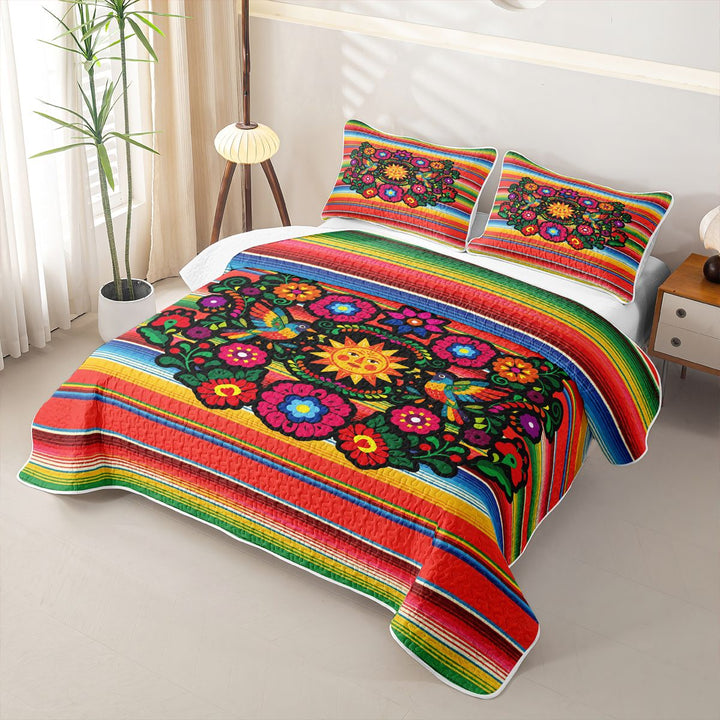 meiyoeat Colorful Fiesta Quilt King,Men Women,Folk Print King Coverlet Set For Men Women,3pcs