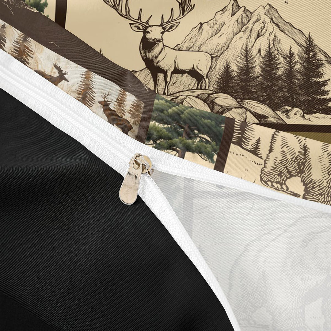 meiyoeat Retro Woodland Deer Duvet Cover King For Adults,Rustic Mountain Bear Pine King Bedding For Men,Black Reversible,3-Piece(No Comforter)