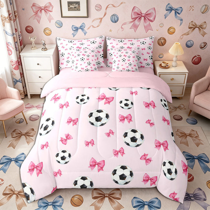 Meiyoeat Cute Soccer Ball King Bedding 7pcs for Girls, Pink Bow Print King Bed in a Bag for Bedroom,Pink Reversible