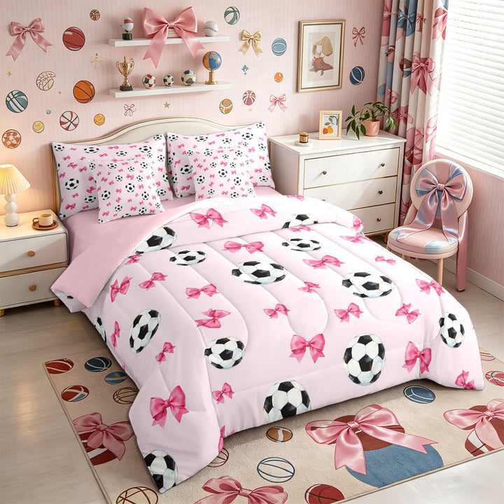 Meiyoeat Cute Soccer Ball King Bedding 7pcs for Girls, Pink Bow Print King Bed in a Bag for Bedroom,Pink Reversible