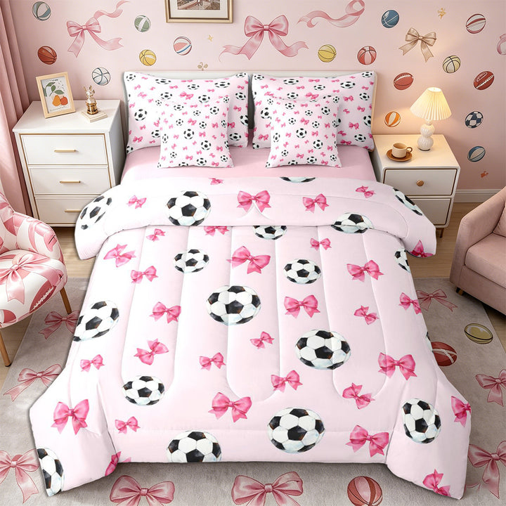 Meiyoeat Cute Soccer Ball King Bedding 7pcs for Girls, Pink Bow Print King Bed in a Bag for Bedroom,Pink Reversible