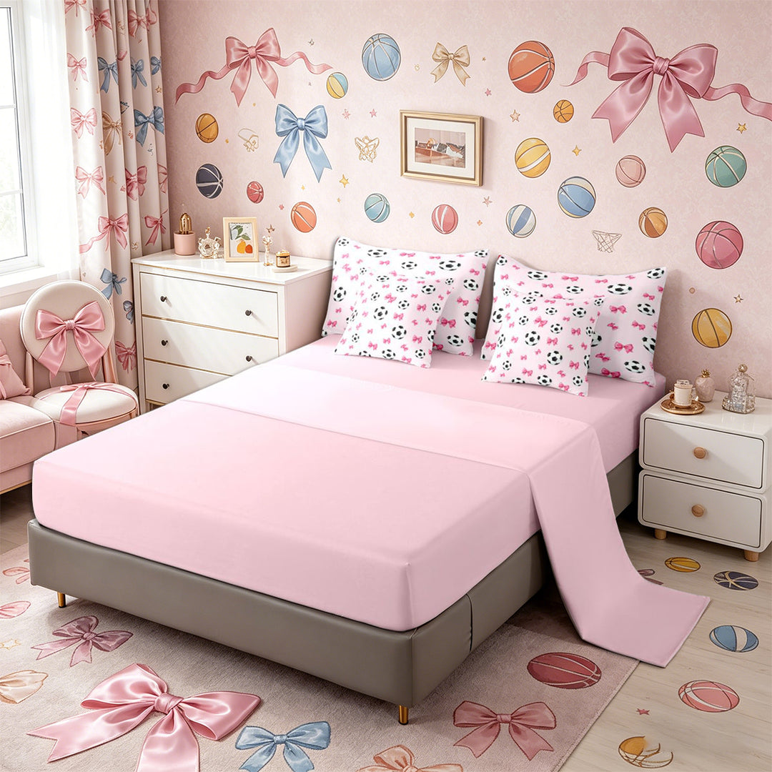 Meiyoeat Cute Soccer Ball King Bedding 7pcs for Girls, Pink Bow Print King Bed in a Bag for Bedroom,Pink Reversible