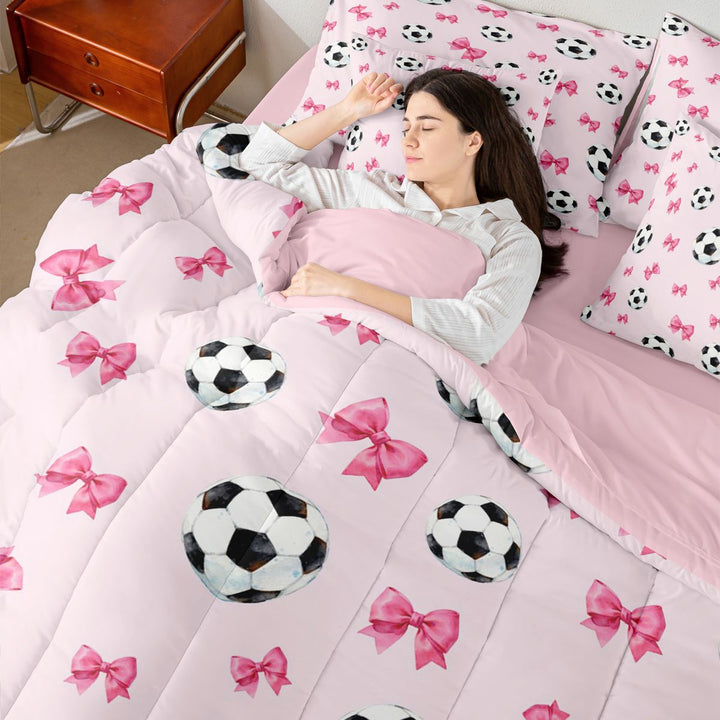 Meiyoeat Cute Soccer Ball King Bedding 7pcs for Girls, Pink Bow Print King Bed in a Bag for Bedroom,Pink Reversible