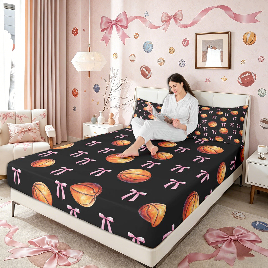 Meiyoeat Sport Basketball King Sheets 4pcs, Ribbon Bow Print Bedding, Black Pink Orange