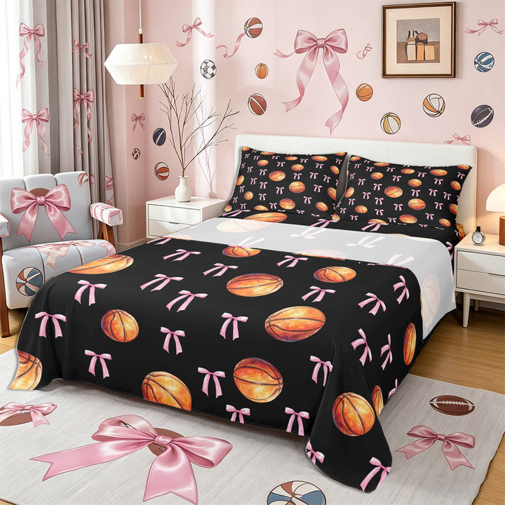 Meiyoeat Sport Basketball King Sheets 4pcs, Ribbon Bow Print Bedding, Black Pink Orange
