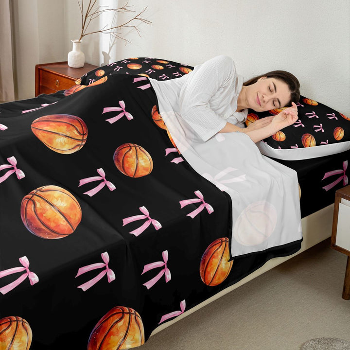 Meiyoeat Sport Basketball King Sheets 4pcs, Ribbon Bow Print Bedding, Black Pink Orange