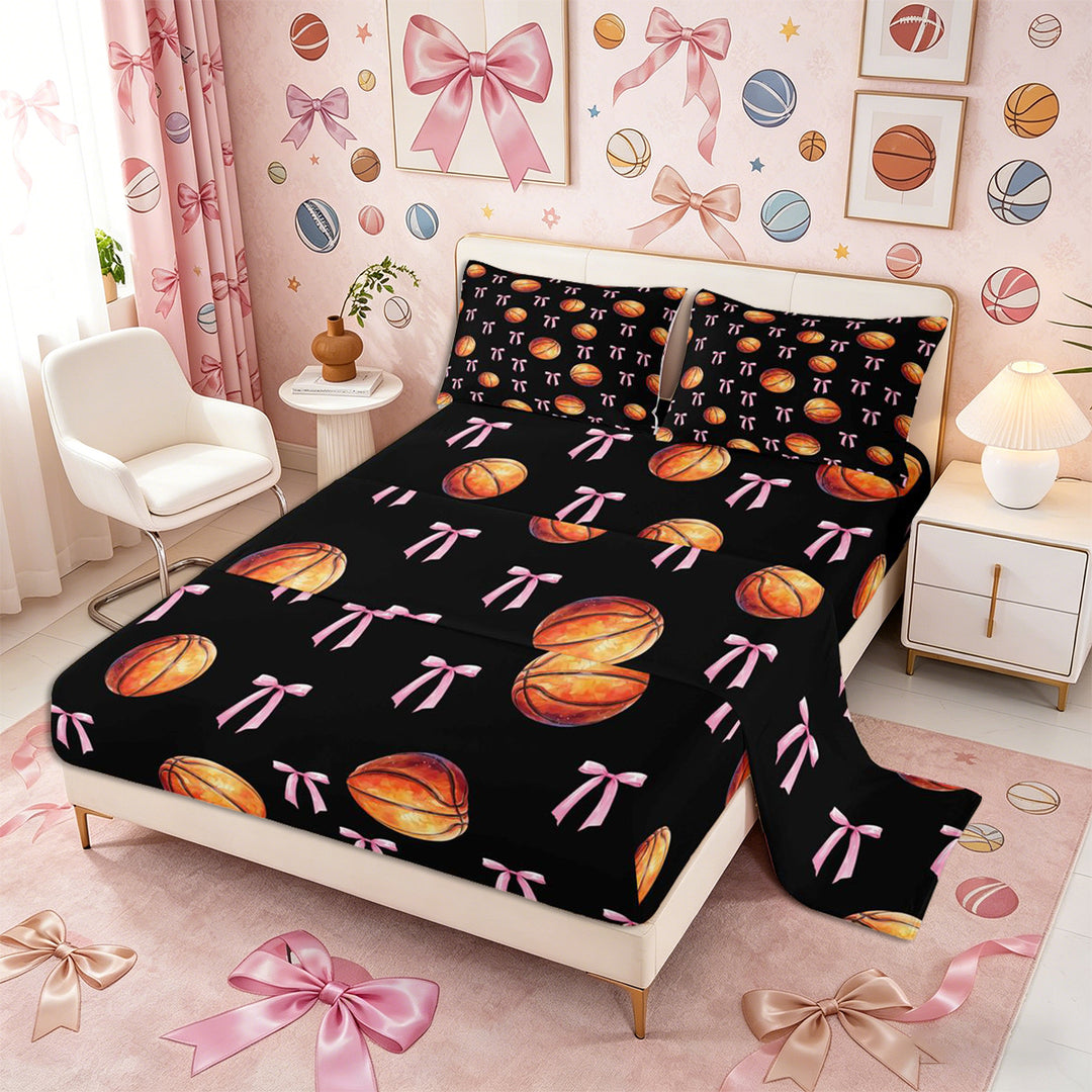 Meiyoeat Sport Basketball King Sheets 4pcs, Ribbon Bow Print Bedding, Black Pink Orange