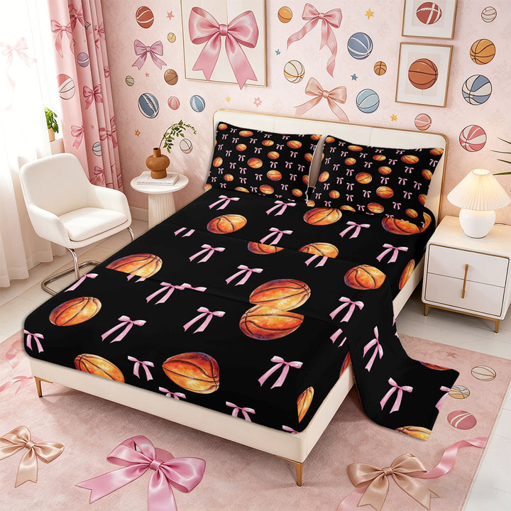 Meiyoeat Sport Basketball King Sheets 4pcs, Ribbon Bow Print Bedding, Black Pink Orange