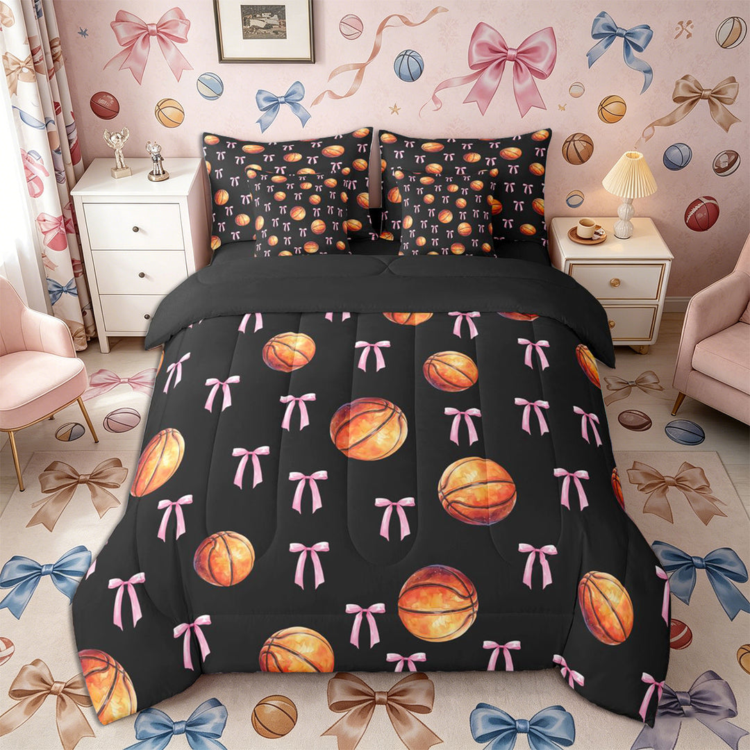 Meiyoeat Sport Basketball King Bedding 7pcs, Ribbon Bow Print King Bed in a Bag, Black Pink Orange,Black Reversible