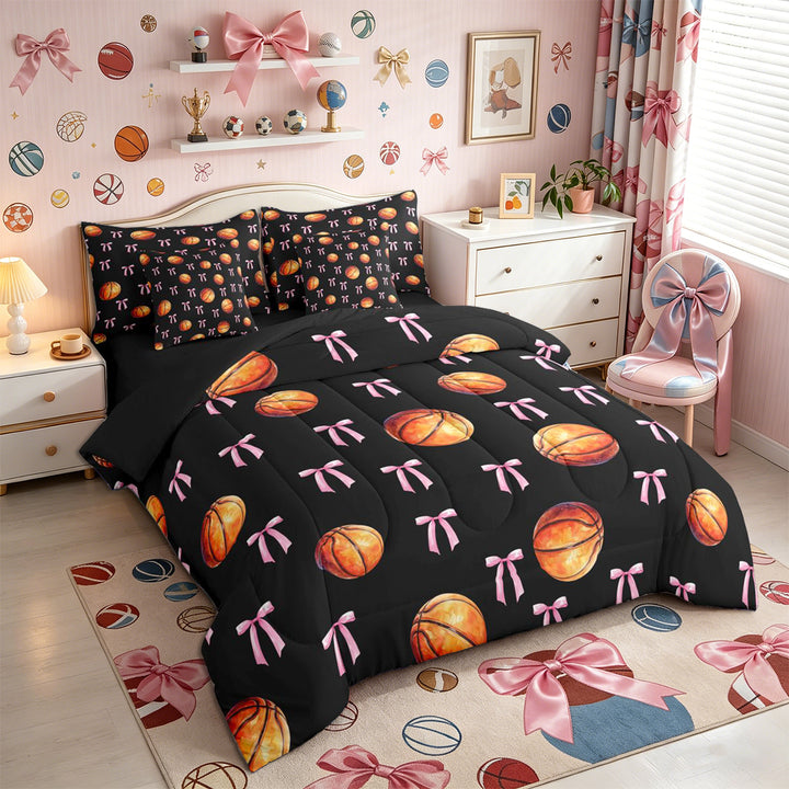 Meiyoeat Sport Basketball King Bedding 7pcs, Ribbon Bow Print King Bed in a Bag, Black Pink Orange,Black Reversible