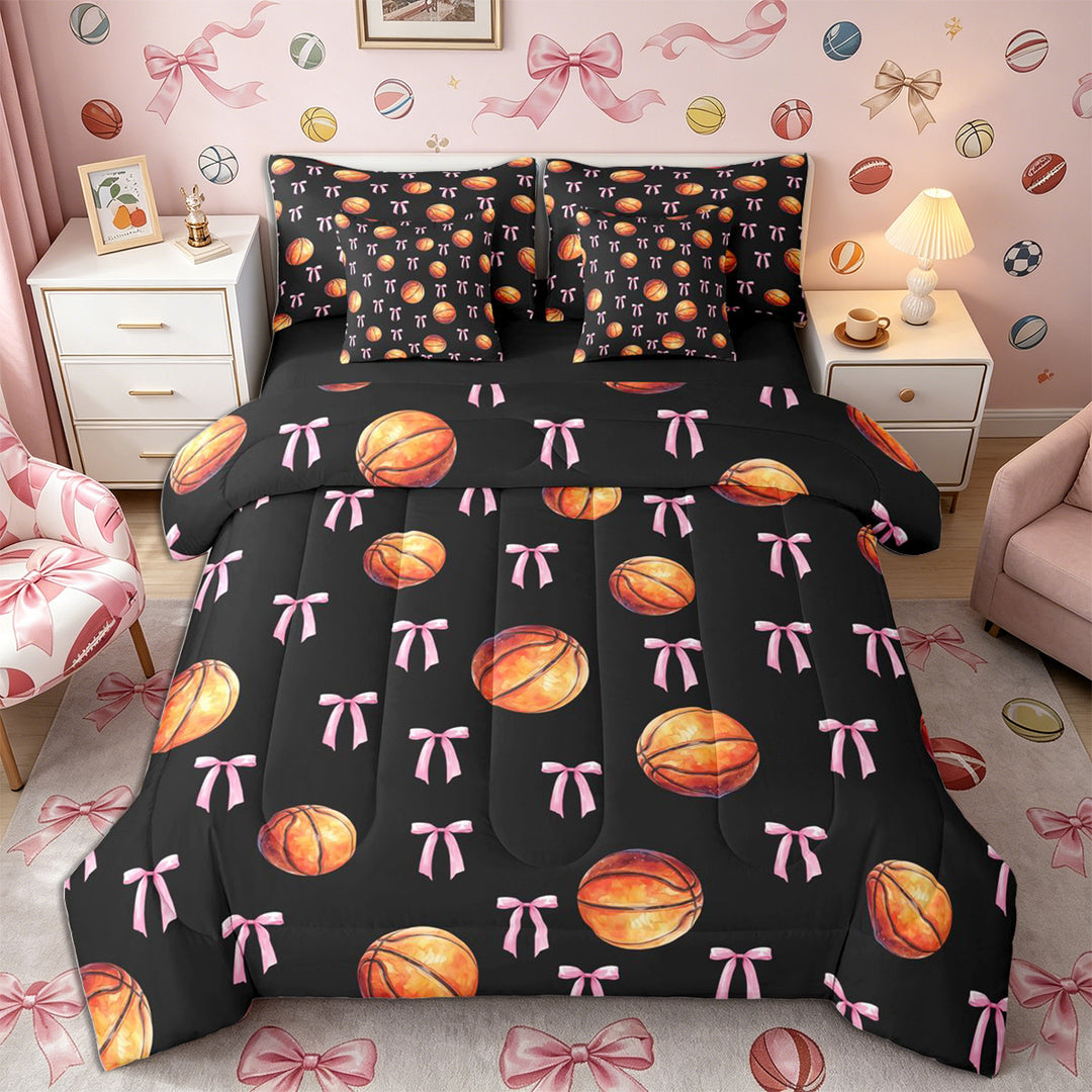 Meiyoeat Sport Basketball King Bedding 7pcs, Ribbon Bow Print King Bed in a Bag, Black Pink Orange,Black Reversible