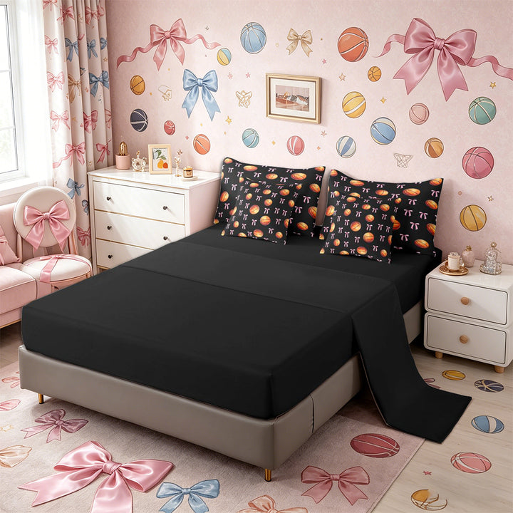 Meiyoeat Sport Basketball King Bedding 7pcs, Ribbon Bow Print King Bed in a Bag, Black Pink Orange,Black Reversible