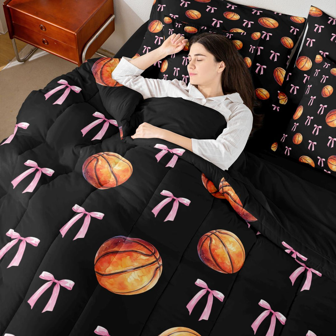 Meiyoeat Sport Basketball King Bedding 7pcs, Ribbon Bow Print King Bed in a Bag, Black Pink Orange,Black Reversible