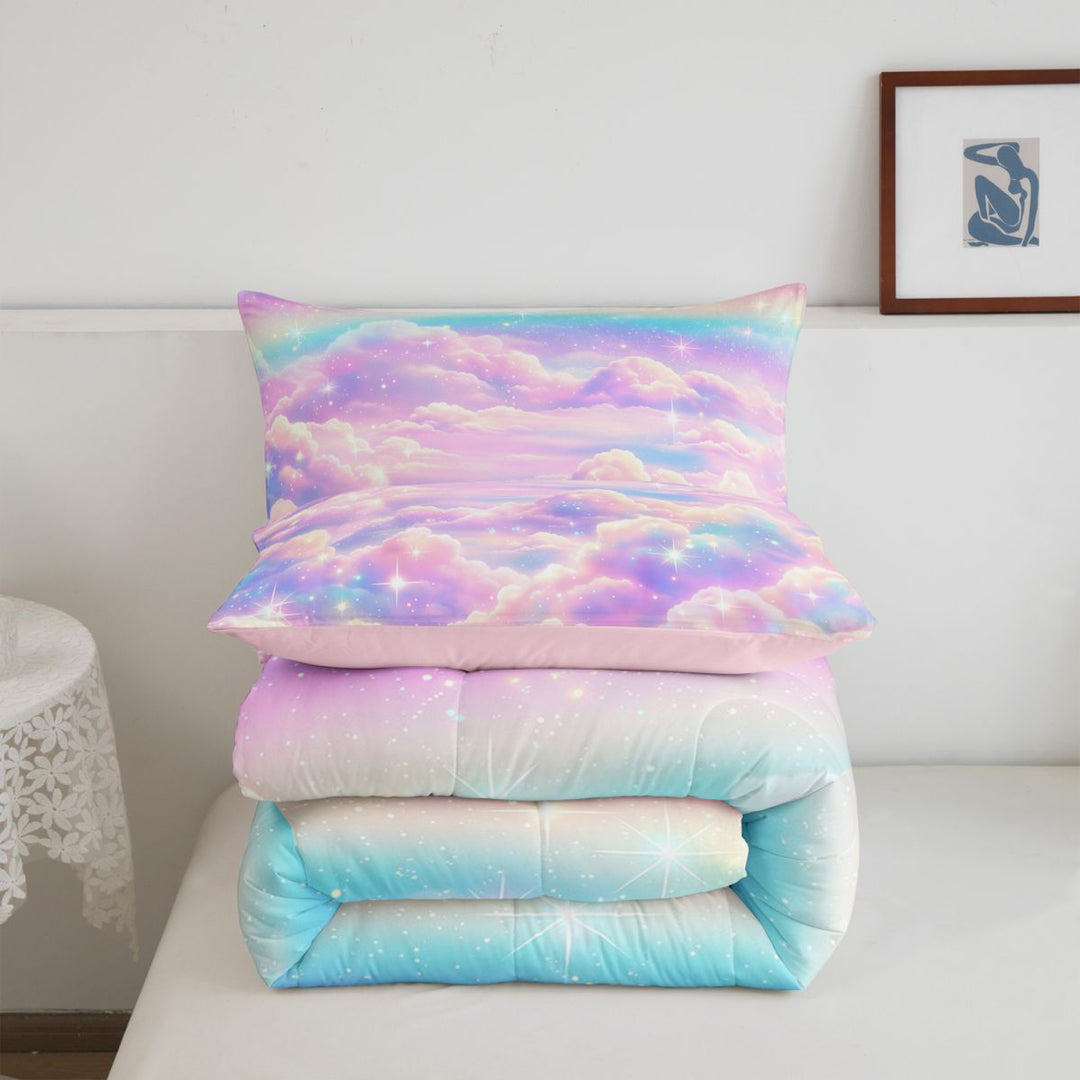 meiyoeat Pastel Cloud Star Full Size Comforter Sets,Colorful Rainbow Pattern Bedding Comforter Set For Girl,Reversible,3pcs,1 Comforter and 2 Pillowcases