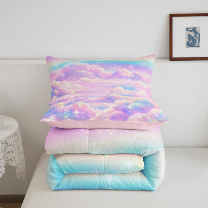 meiyoeat Pastel Cloud Star Full Size Comforter Sets,Colorful Rainbow Pattern Bedding Comforter Set For Girl,Reversible,3pcs,1 Comforter and 2 Pillowcases