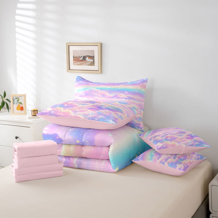 meiyoeat Pastel Cloud Star 7 Pieces Full Size Bedding Sets,Colorful Rainbow Pattern Full Size Bed in a Bag For Girl,Reversible