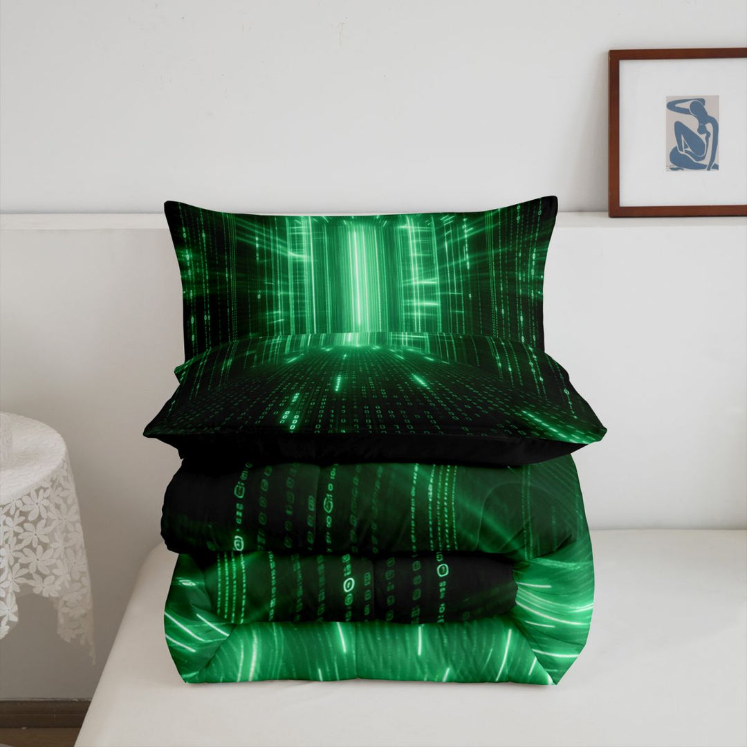 meiyoeat Modern Neon Geometric Full Size Comforter Sets For Kids,Green Plaid Buffalo Bedding Comforter Set For Boys,Black Reversible,3-Piece