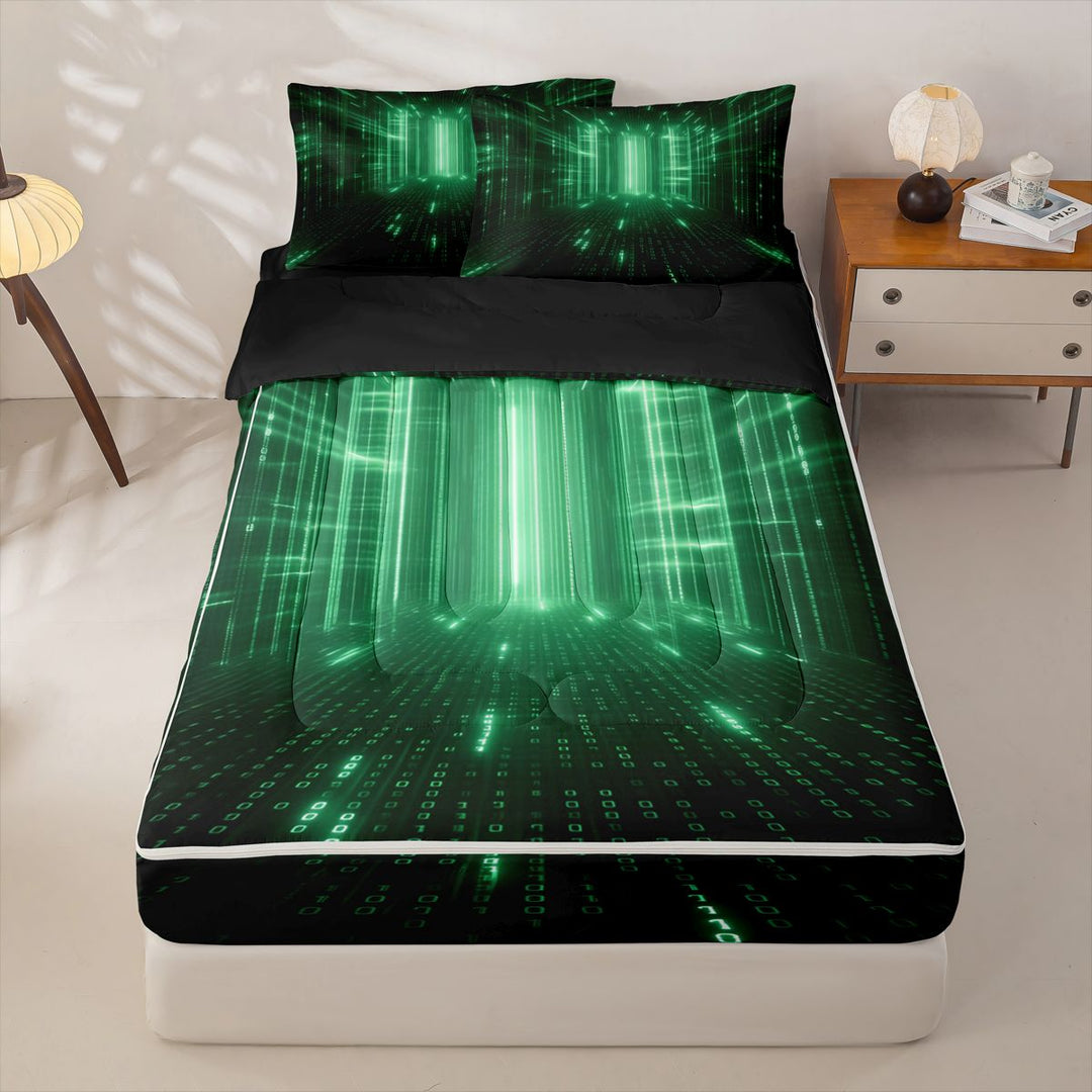 meiyoeat Modern Neon Geometric Zipper Full Size Comforter Sets with Fitted Sheet and 2 Pillowcases For Kids,Green Plaid Buffalo Zipper Bedding Set For Boys,Black Reversible,4-Piece