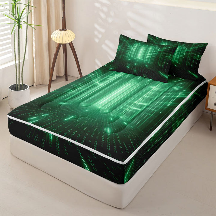 meiyoeat Modern Neon Geometric Zipper Full Size Comforter Sets with Fitted Sheet and 2 Pillowcases For Kids,Green Plaid Buffalo Zipper Bedding Set For Boys,Black Reversible,4-Piece