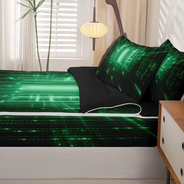meiyoeat Modern Neon Geometric Zipper Full Size Comforter Sets with Fitted Sheet and 2 Pillowcases For Kids,Green Plaid Buffalo Zipper Bedding Set For Boys,Black Reversible,4-Piece
