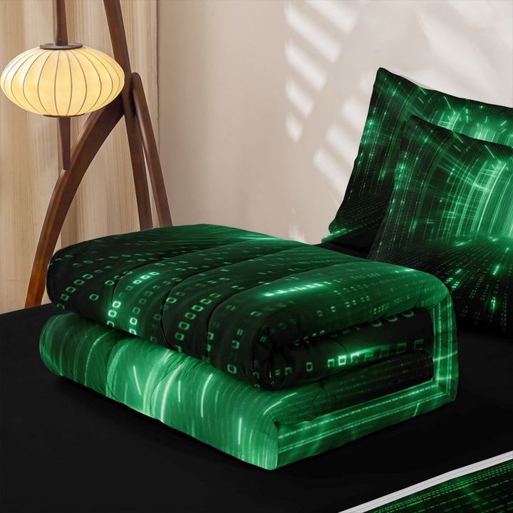 meiyoeat Modern Neon Geometric Zipper Full Size Comforter Sets with Fitted Sheet and 2 Pillowcases For Kids,Green Plaid Buffalo Zipper Bedding Set For Boys,Black Reversible,4-Piece