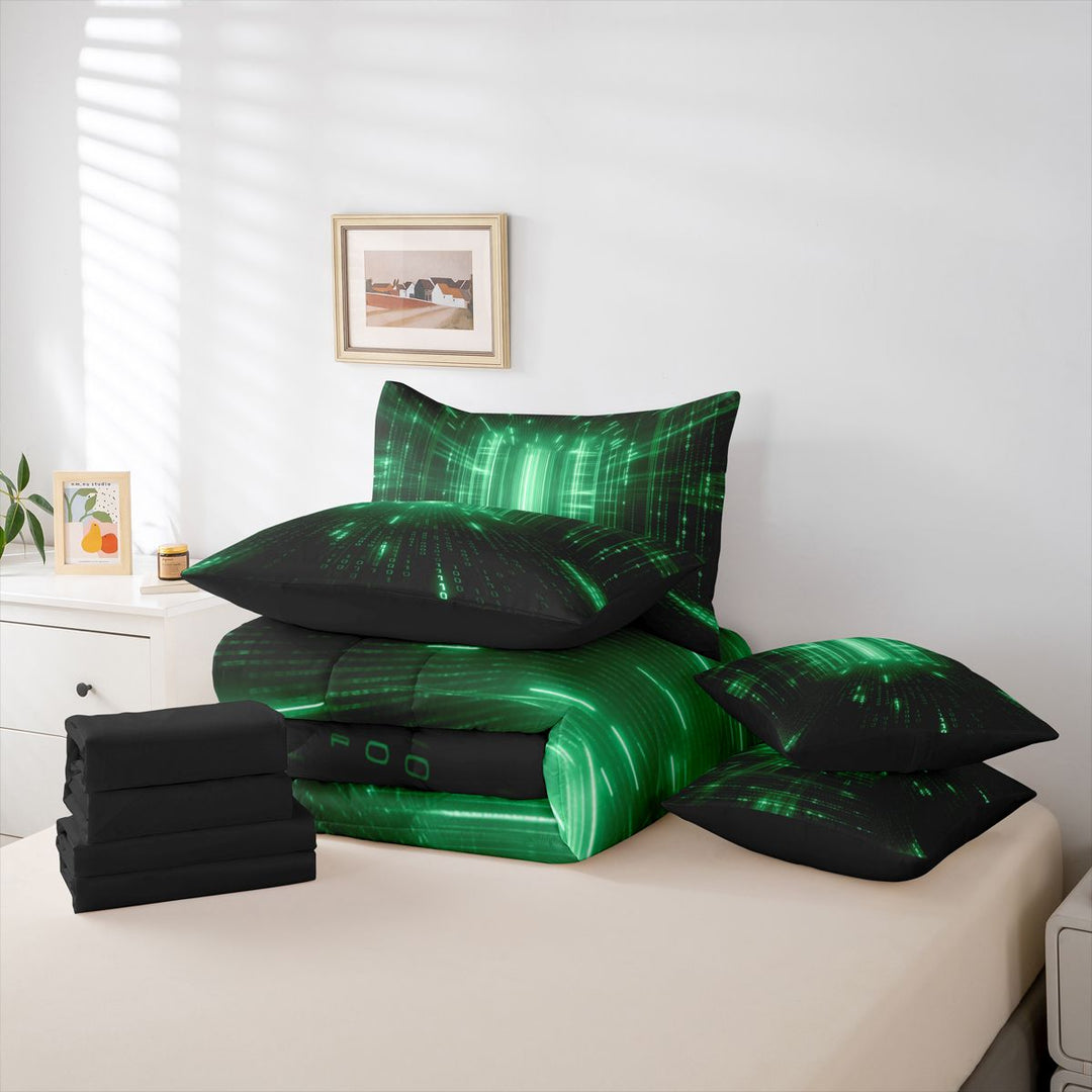 meiyoeat Modern Neon Geometric 7 Pieces Full Size Bedding Sets For Kids,Green Plaid Buffalo Full Size Bed in a Bag For Boys,Black Reversible