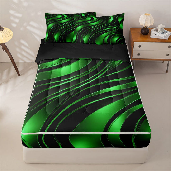 meiyoeat Abstract Geometric Stripes Zipper Full Size Comforter Sets with Fitted Sheet and 2 Pillowcases For Boys,Green Neon Lines Pattern Zipper Bedding Set For Kids,Black Reversible,4 Pieces