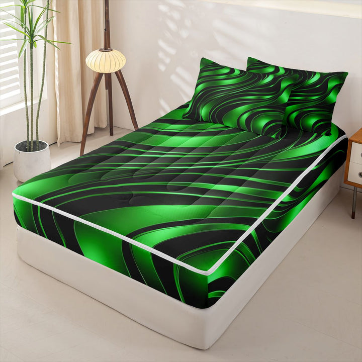 meiyoeat Abstract Geometric Stripes Zipper Full Size Comforter Sets with Fitted Sheet and 2 Pillowcases For Boys,Green Neon Lines Pattern Zipper Bedding Set For Kids,Black Reversible,4 Pieces