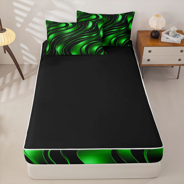 meiyoeat Abstract Geometric Stripes Zipper Full Size Comforter Sets with Fitted Sheet and 2 Pillowcases For Boys,Green Neon Lines Pattern Zipper Bedding Set For Kids,Black Reversible,4 Pieces