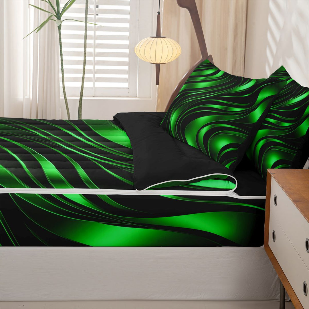 meiyoeat Abstract Geometric Stripes Zipper Full Size Comforter Sets with Fitted Sheet and 2 Pillowcases For Boys,Green Neon Lines Pattern Zipper Bedding Set For Kids,Black Reversible,4 Pieces