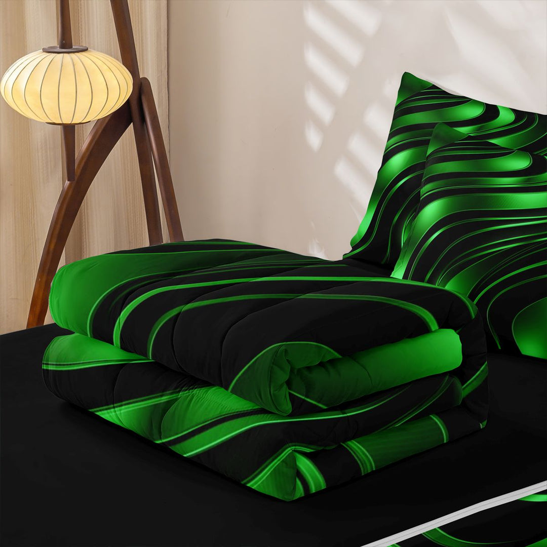 meiyoeat Abstract Geometric Stripes Zipper Full Size Comforter Sets with Fitted Sheet and 2 Pillowcases For Boys,Green Neon Lines Pattern Zipper Bedding Set For Kids,Black Reversible,4 Pieces