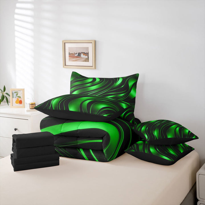 meiyoeat Abstract Geometric Stripes 7 Pieces Full Size Bedding Sets For Boys,Green Neon Lines Pattern Full Size Bed in a Bag For Kids,Black Reversible