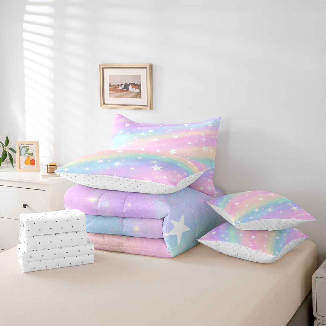 meiyoeat Colorful Gradient 7 Pieces Full Size Bedding Sets,Cute Rainbow Stars Print Full Size Bed in a Bag For Girl,Reversible