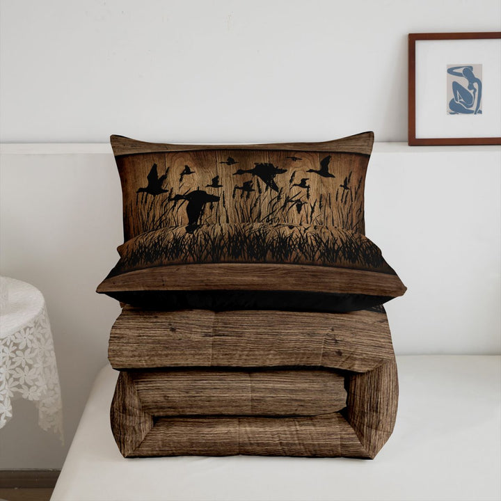 meiyoeat Wild Animal Mallard King Size Comforter Sets,Rustic Camo Wood Print Comforters King Size For Kids Boys,Black Reversible,3 Pieces