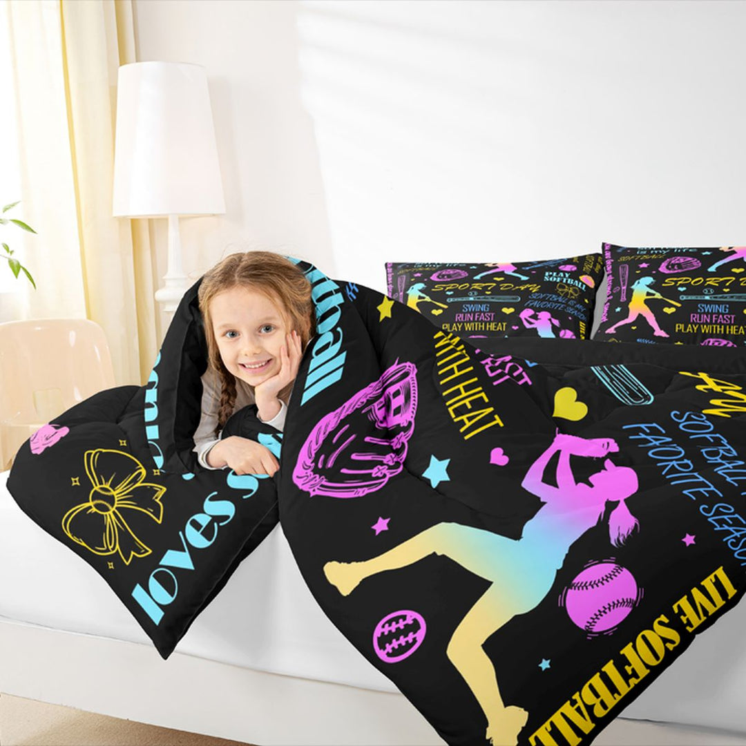Meiyoeat Neon Softball Full Size Bedding Sets 7 Pieces for Teens, Sport Quote Print Full Size Bed in a Bag,Black Reversible