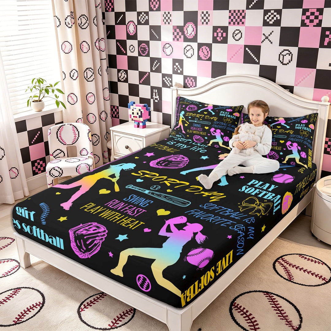 Meiyoeat Neon Softball Bed Sheets 4-Piece for Teens, Sport Quote Print Full Size Sheets