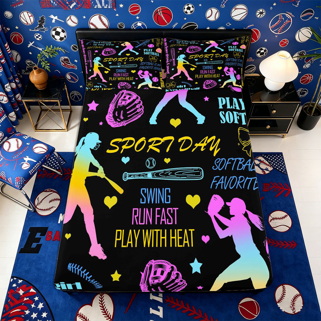 Meiyoeat Neon Softball Bed Sheets 4-Piece for Teens, Sport Quote Print Full Size Sheets