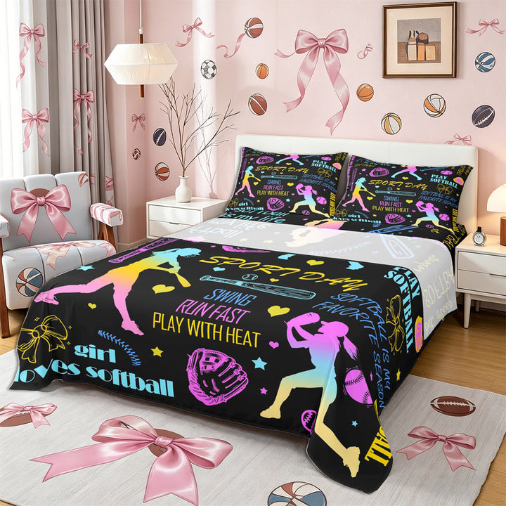 Meiyoeat Neon Softball Bed Sheets 4-Piece for Teens, Sport Quote Print Full Size Sheets