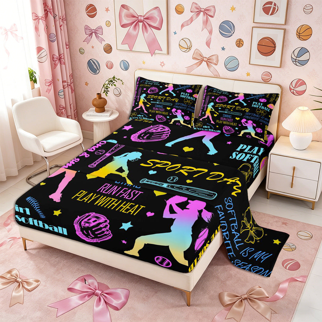 Meiyoeat Neon Softball Bed Sheets 4-Piece for Teens, Sport Quote Print Full Size Sheets