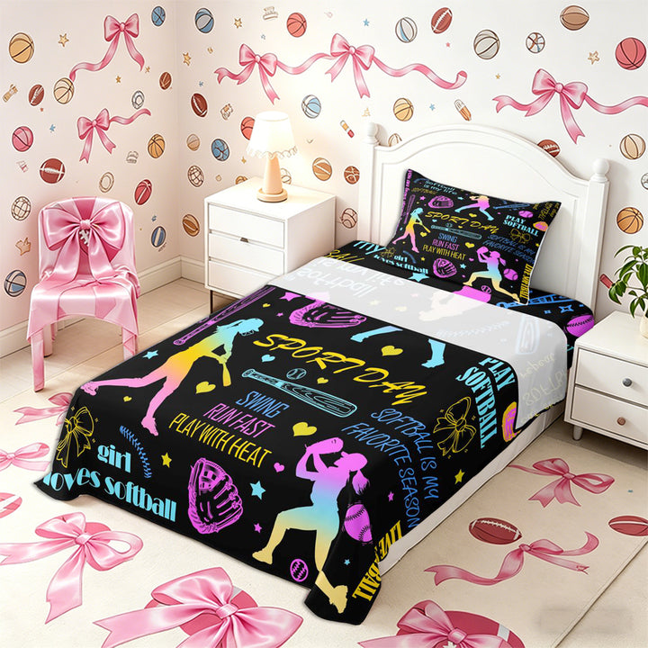 Meiyoeat Neon Softball Bed Sheets 4-Piece for Teens, Sport Quote Print Full Size Sheets